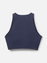 Back view of a navy SuperForm Crop Top with its sleek design and comfortable fit.