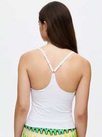 Back view of TechSweat Move Free Tank in White, featuring adjustable racerback straps.