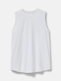 Flat lay of ThinkFast Mesh Muscle Tank in White, lightweight fabric for cooling and comfort during workouts.