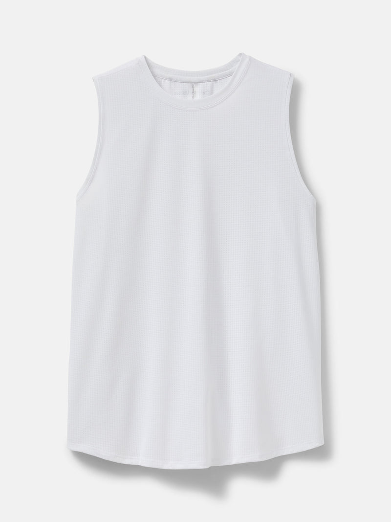 Flat lay of ThinkFast Mesh Muscle Tank in White, lightweight fabric for cooling and comfort during workouts.