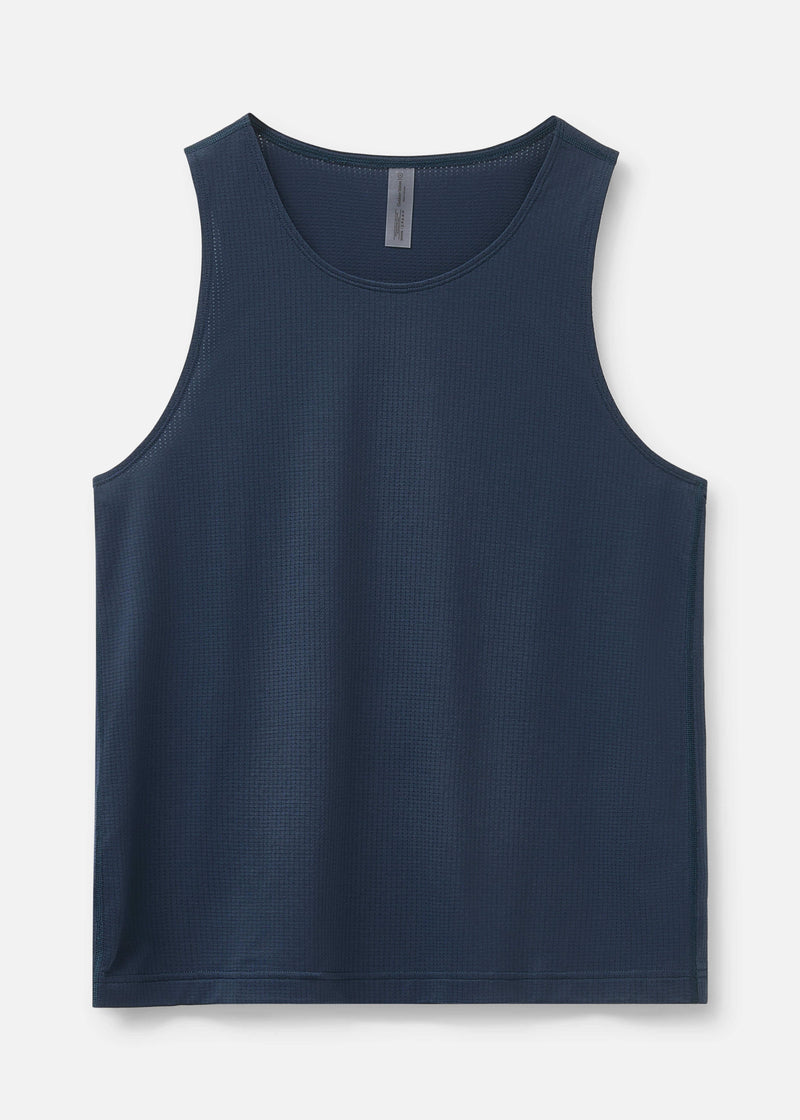 Flat lay of ThinkFast Mesh Tank in Navy with lightweight fabric and a cooling effect.