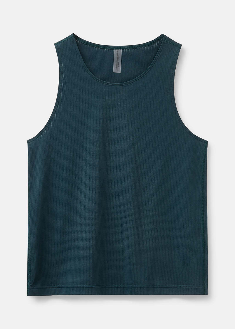 Flat lay of ThinkFast Mesh Tank in Dark Teal, lightweight fabric designed for breathability and sweat management.