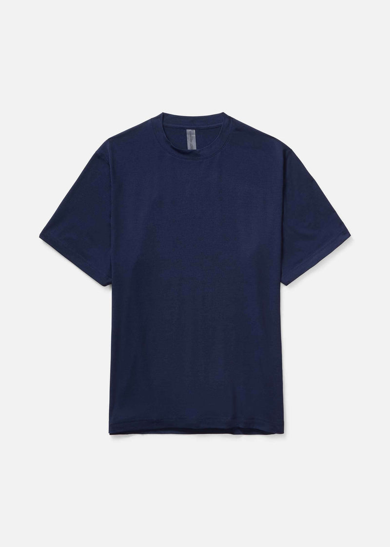 Flat lay of ThinkFast Vent Shortsleeve in Navy, featuring a breathable mesh back panel for ventilation.