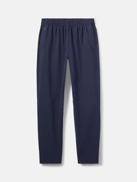 Flat lay of Zephyr 29" Pant in Navy, featuring a custom-fit drawstring waist and zippered pockets.